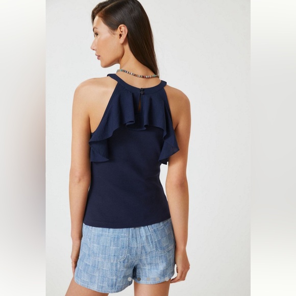 Maeve by Anthropologie Ruffled Rib Halter Tank Top in Navy - 1X - Picture 2 of 11